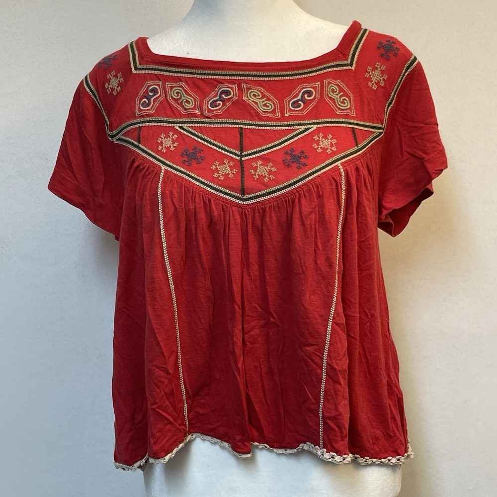 FREE PEOPLE Square Neck Muse‎ Embroidered Boho Peasant Blouse Size XS